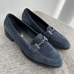 Tod’s navy suede buckled loafers